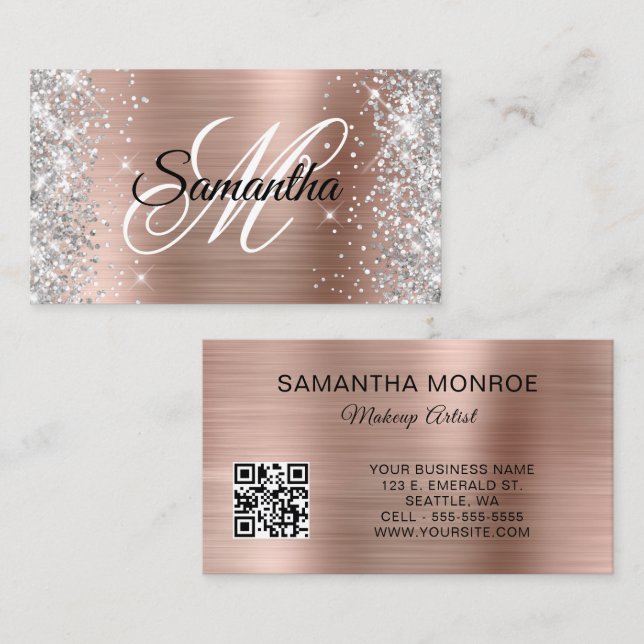 Silver Glitzer Rose Gold Foil Monogram QR Code Visitenkarte (Vorne/Hinten)