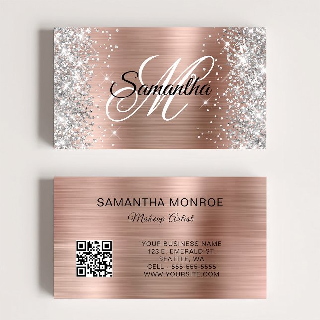 Silver Glitzer Rose Gold Foil Monogram QR Code Visitenkarte (Silver Glitter Rose Gold Foil Monogram QR Code Business Card)