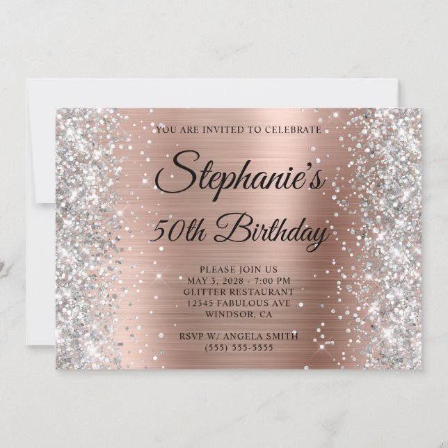Silver Glitzer Rose Gold Monogram 50. Geburtstag Einladung (Vorderseite)