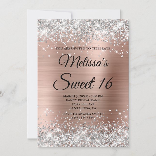 Silver Glitzer Rose Gold Sweet 16 Extravagant Mono Einladung (Vorderseite)