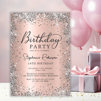 Silver Glitzer Rose Gold Sweet 16 Geburtstag Einladung