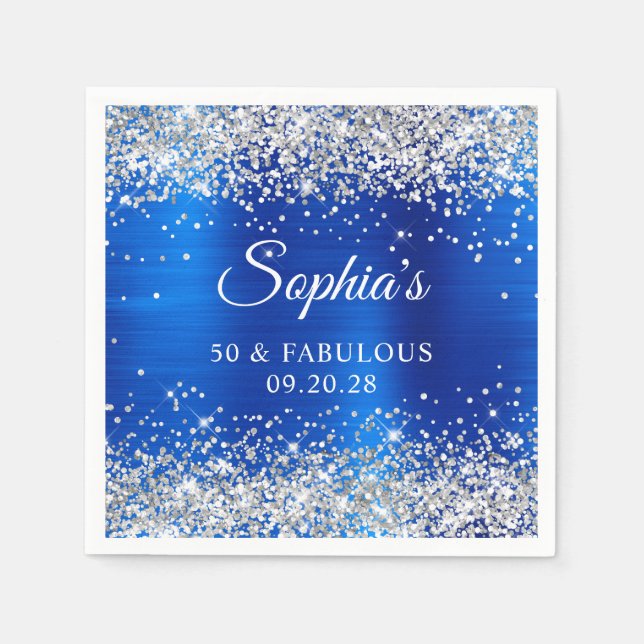 Silver Glitzer Royal Blue Foil 50 & Fabulous Serviette (Vorderseite)