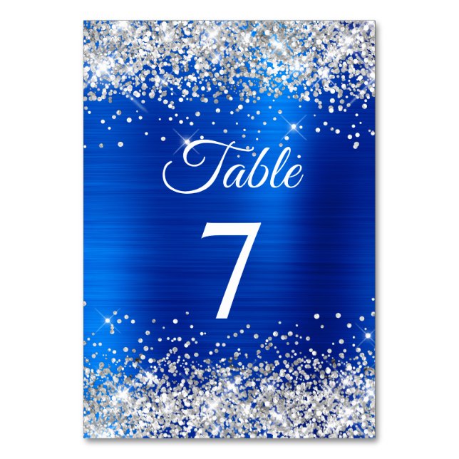 Silver Glitzer Royal Blue Foil Elegante Kalligrafi Tischnummer (Vorderseite)