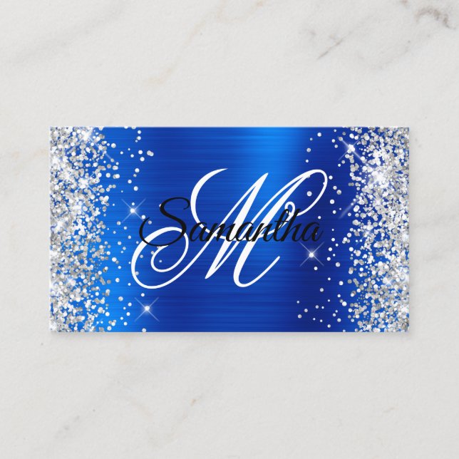 Silver Glitzer Royal Blue Foil Extravagant Monogra Visitenkarte (Vorderseite)