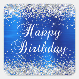 Silver Glitzer Royal Blue Foil Happy Birthday Quadratischer Aufkleber