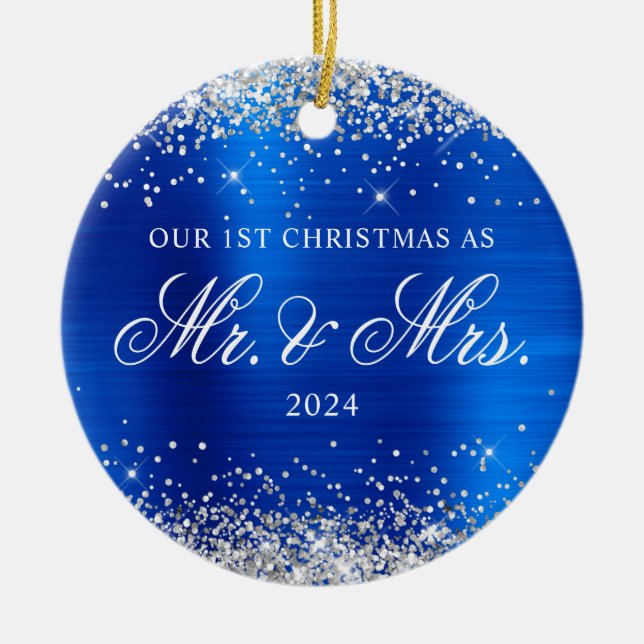 Silver Glitzer Royal Blue Foil Unser 1. Weihnachts Keramik Ornament (Vorne)