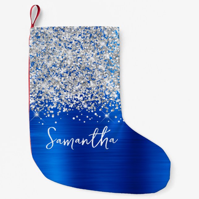 Silver Glitzer Royal Blue Glam Name Kleiner Weihnachtsstrumpf (Vorderseite)