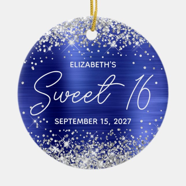Silver Glitzer Sapphire Blue Extravagant Sweet 16  Keramik Ornament (Vorne)