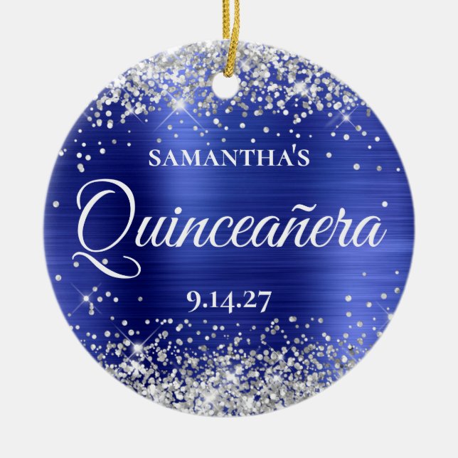 Silver Glitzer Sapphire Blue Quinceañera Foto Keramik Ornament (Vorne)