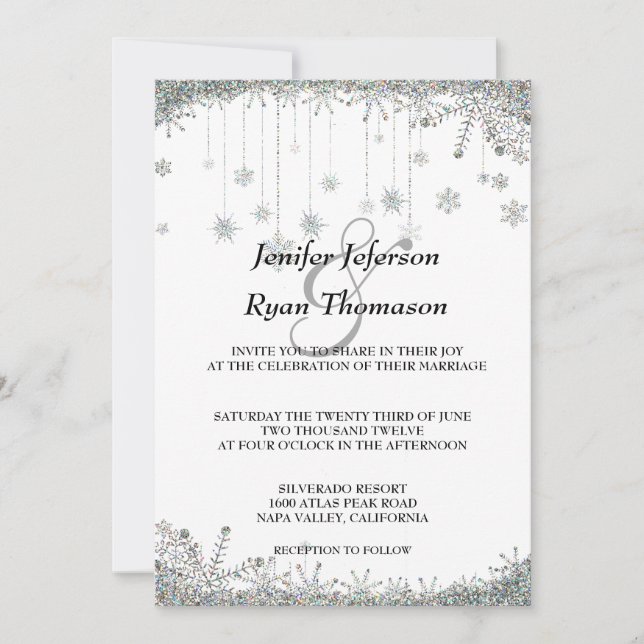 Silver Glitzer Schneeflocken Hochzeit Einladung (Vorderseite)
