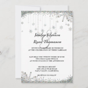 Silver Glitzer Schneeflocken Hochzeit Einladung