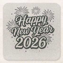 Silver Glitzer Script & Black Happy New Year 2026 Rechteckiger Pappuntersetzer