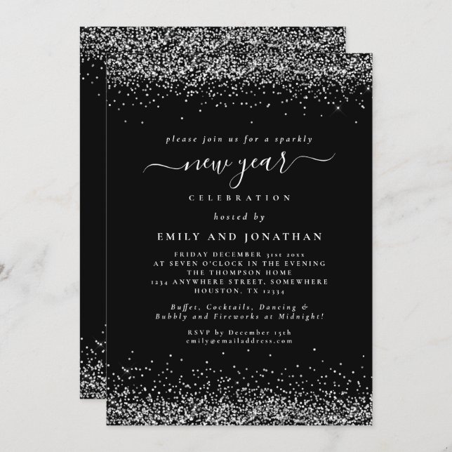 Silver Glitzer Script Black Silvester Party Einladung (Vorne/Hinten)