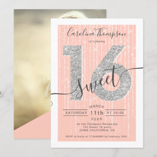 Silver Glitzer Script Peach Sweet 16 Foto Einladung