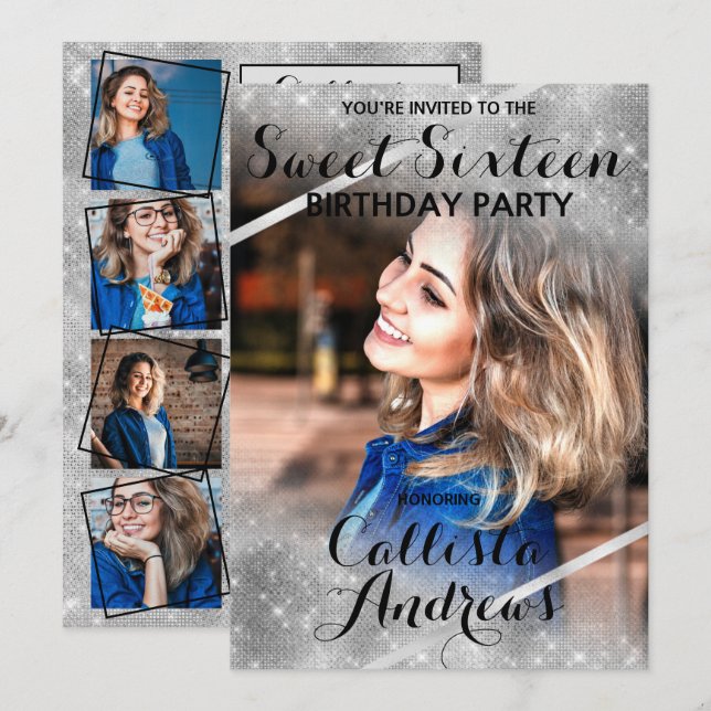 Silver Glitzer Sequins Corners Foto Sweet 16 Einladung (Vorne/Hinten)