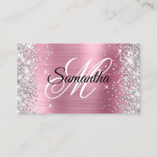 Silver Glitzer Shiny Pink Foil Extravagant Monogra Visitenkarte