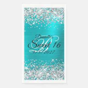 Silver Glitzer Shiny Türkis Blue Foil Sweet 16 Serviette