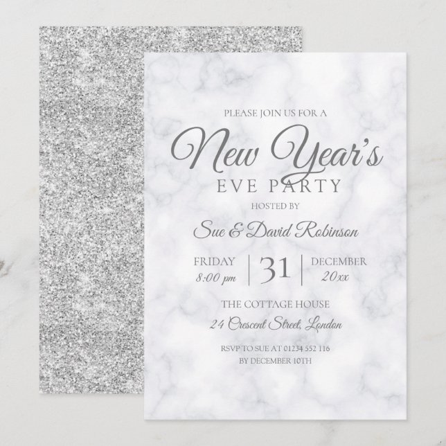 Silver Glitzer Silvester Party Marmor Einladung (Vorne/Hinten)