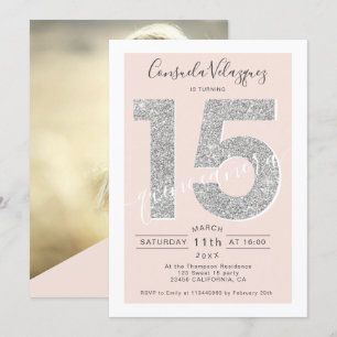 Silver Glitzer Skript blush quinceanera Foto Einladung