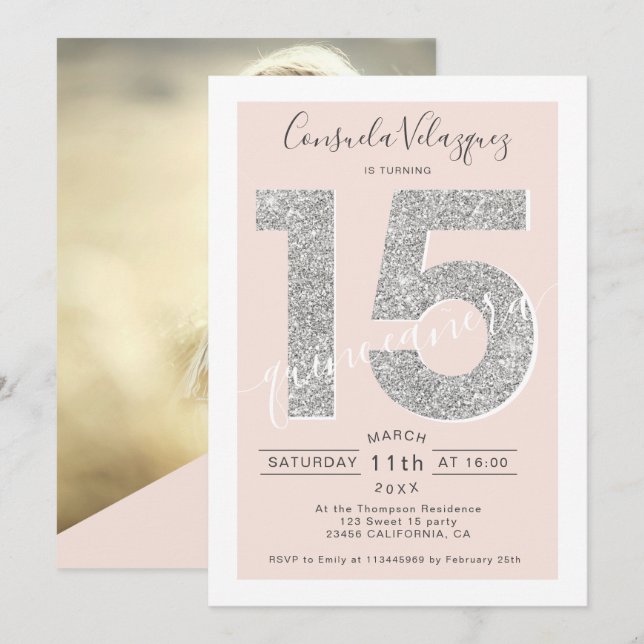 Silver Glitzer Skript erröten quinceanera Foto Einladung (Vorne/Hinten)