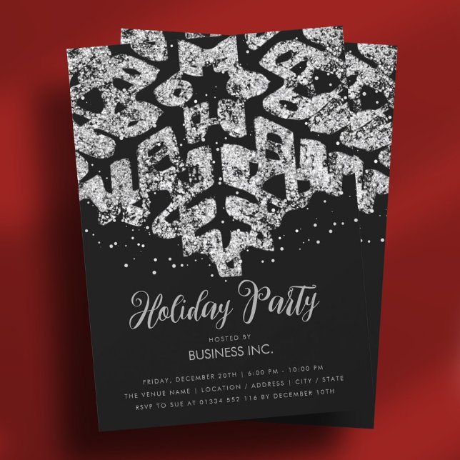 Silver Glitzer Snowflake Holiday Party Black Einladung (Silver Glitter Snowflake Holiday Party Black Invitation)