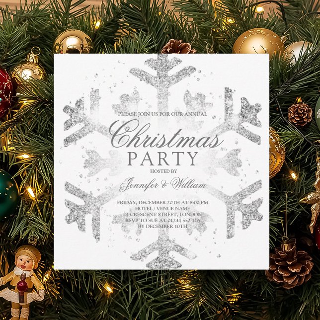 Silver Glitzer Snowflake Weihnachten Weihnachtsfei Einladung (Silver Glitter Snowflake Xmas Holiday Party Invitation)