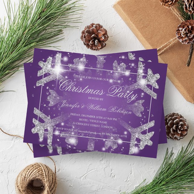 Silver Glitzer Snowflake Weihnachten Weihnachtsfei Einladung (Silver Glitter Snowflake Xmas Holiday Party Purple Invitation)