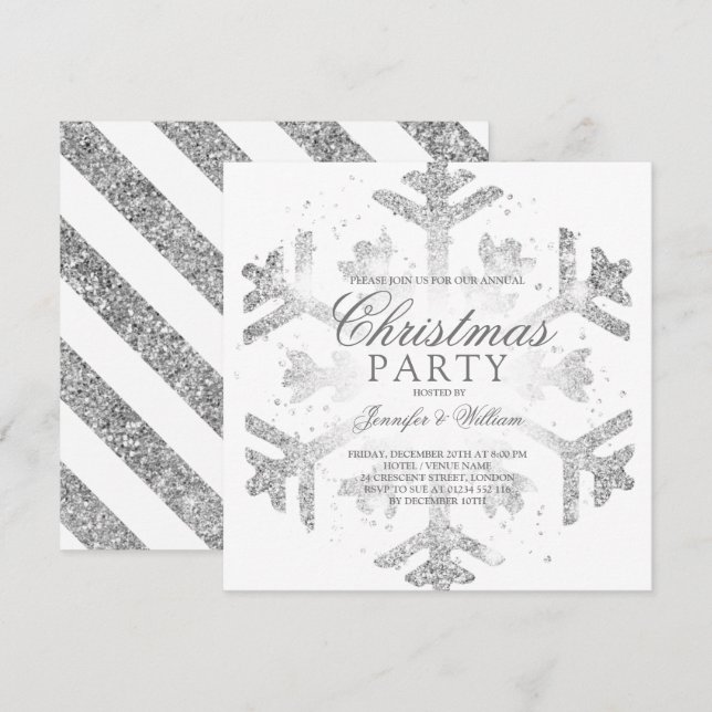 Silver Glitzer Snowflake Weihnachten Weihnachtsfei Einladung (Vorne/Hinten)