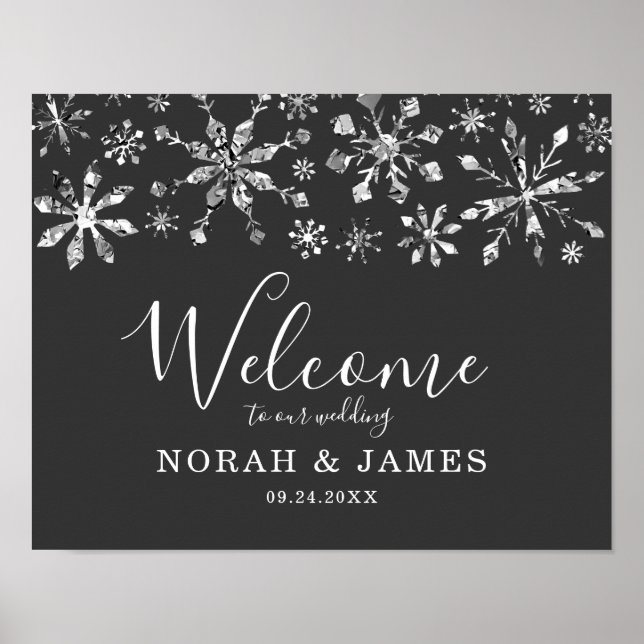 Silver Glitzer Snowflake Winterhochzeit Willkommen Poster (Vorne)