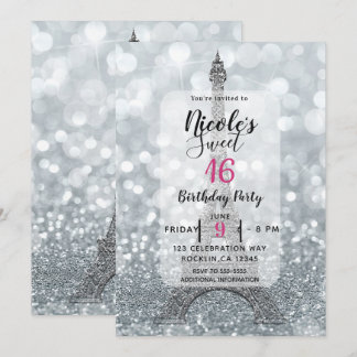 Silver Glitzer Sparkle Bling Eiffel Tower Party Einladung