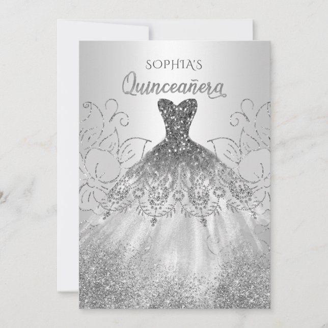 Silver Glitzer Sparkle Dress Quinceañera Quince Einladung (Vorderseite)