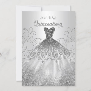 Silver Glitzer Sparkle Dress Quinceañera Quince Einladung