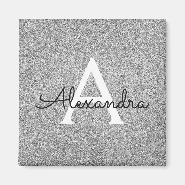 Silver Glitzer & Sparkle Monogram Birthday Magnet (Vorne)
