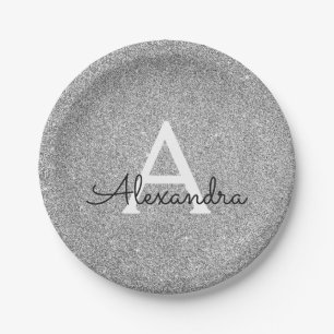 Silver Glitzer & Sparkle Monogram Birthday Pappteller