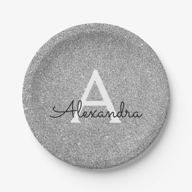 Silver Glitzer & Sparkle Monogram Birthday Pappteller (Vorderseite)