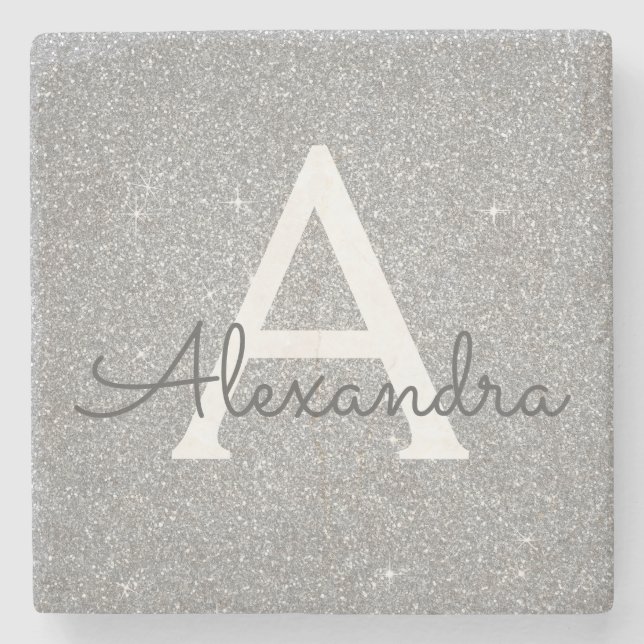 Silver Glitzer & Sparkle Monogram Steinuntersetzer (Vorderseite)