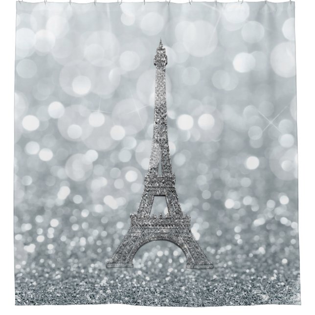 Silver Glitzer Sparkle Paris Eiffel Tower Glam Duschvorhang (Vorderseite)
