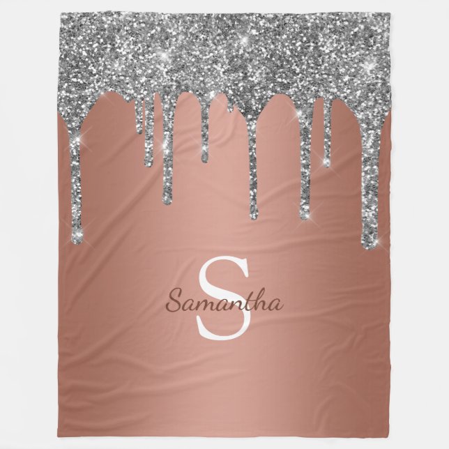 Silver Glitzer Sparkle Tropfen Rose Gold Monogramm Fleecedecke (Vorderseite)