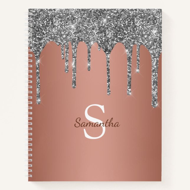 Silver Glitzer Sparkle Tropfen Rose Gold Monogramm Notizbuch (Vorderseite)