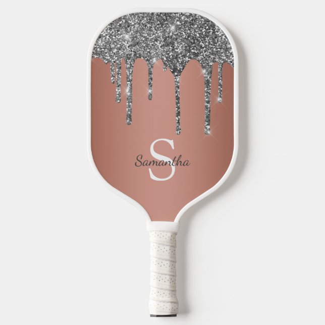 Silver Glitzer Sparkle Tropfen Rose Gold Monogramm Pickleball Schläger (Vorderseite)