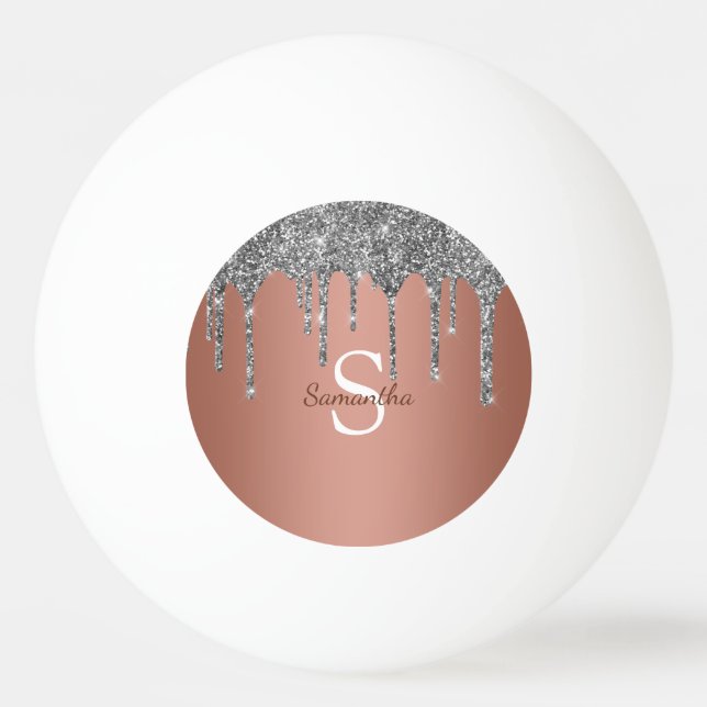Silver Glitzer Sparkle Tropfen Rose Gold Monogramm Tischtennisball (Vorderseite)