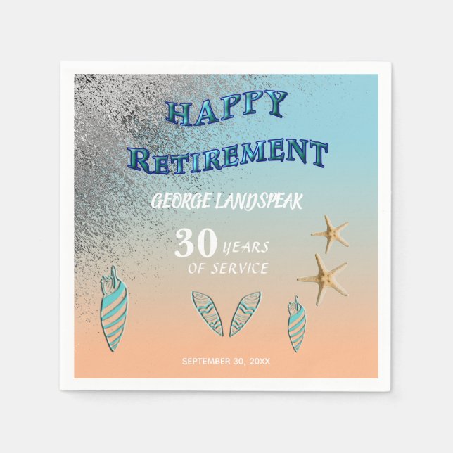 Silver Glitzer Starfish Seashells Happy Retirement Serviette (Vorderseite)