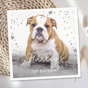 Silver Glitzer Stars Custom Foto Haustier Hund Geb Serviette