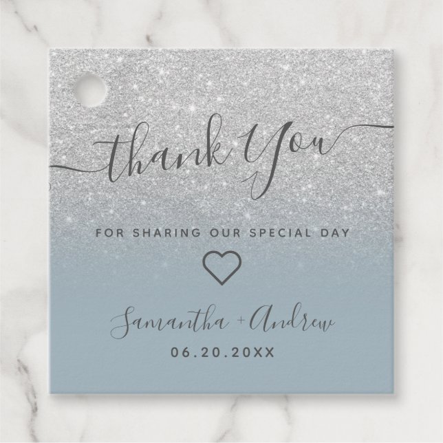 Silver Glitzer staubblau Danke Hochzeit Geschenkanhänger (Vorderseite)