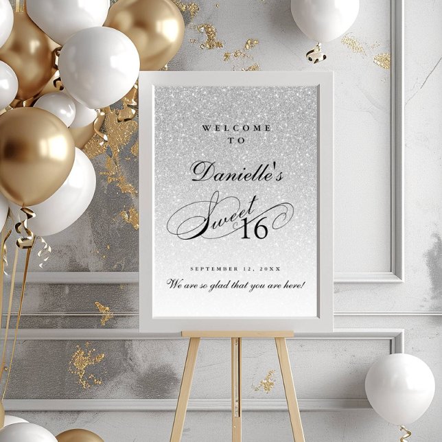 Silver Glitzer Sweet 16 Personalisierter Empfang Poster (Von Creator hochgeladen)