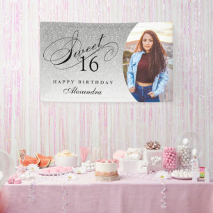 Silver Glitzer Sweet 16 Personalisiertes Foto Banner