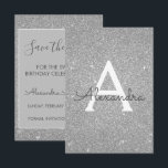 Silver Glitzer Sweet 16 Save the Date Einladung<br><div class="desc">Silver Sparkle Glitzer 16 . Geburtstag Monogram Name und Initial Save the Date Geburtstagsparty Einladung. Diese Einladung ist perfekt für die Sparkle Glitzer Sweet 16 Geburtstagsparty,  die stilvoll feiern möchte.</div>