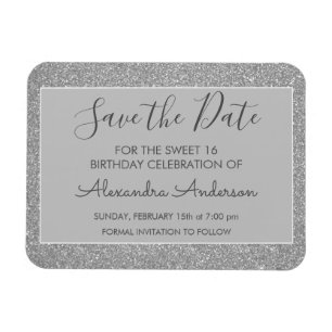 Silver Glitzer Sweet 16 Save the Date Magnet
