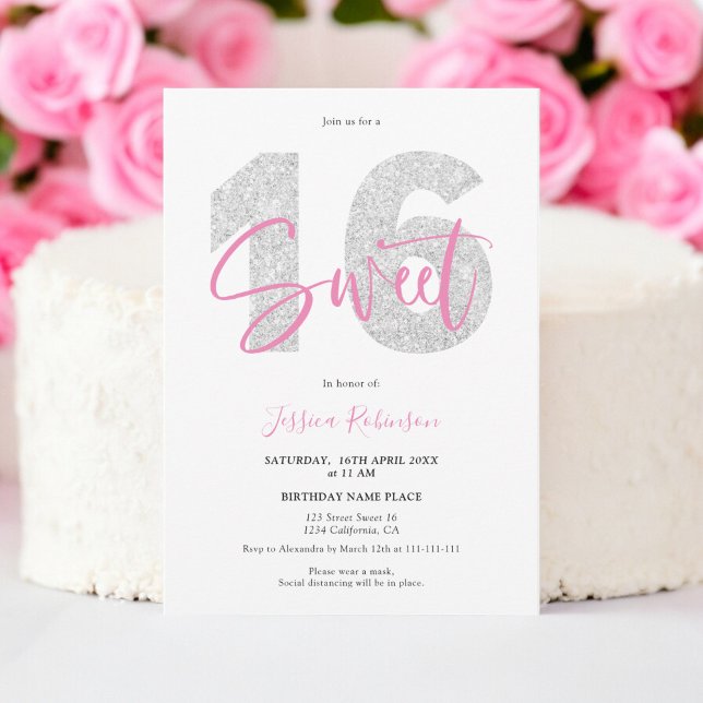 Silver Glitzer Sweet 16 script Foto Geburtstag Einladung (Silver glitter Sweet 16 script photo birthday Invitation)