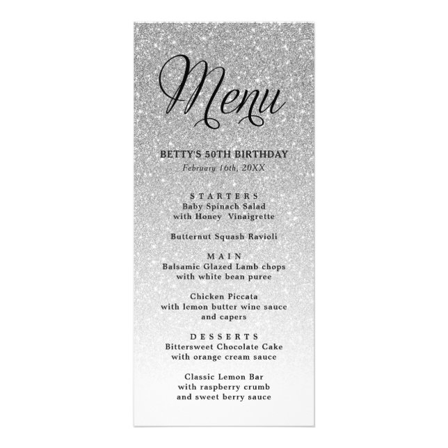 Silver Glitzer Tall Menu Card Werbekarte (Vorne)